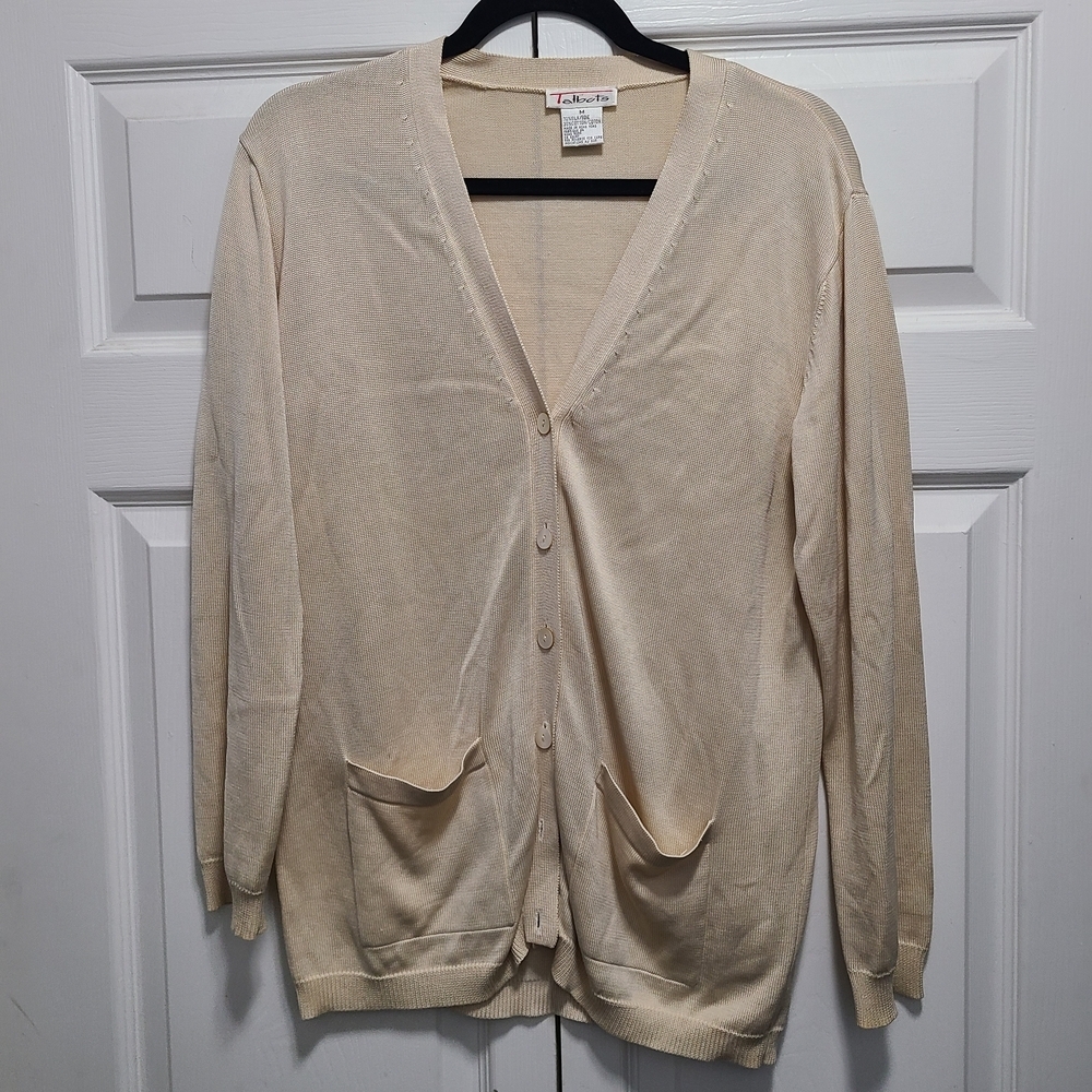 Vintage Talbots Cream‎ Cardigan Sweater Flaw M Silk Cotton Blend